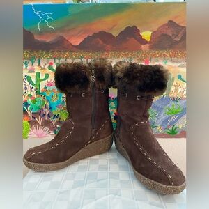 Brilliant Suede Side Zipper Faux Fur Wedge Boots, Size  6.5 M, W3050/257226